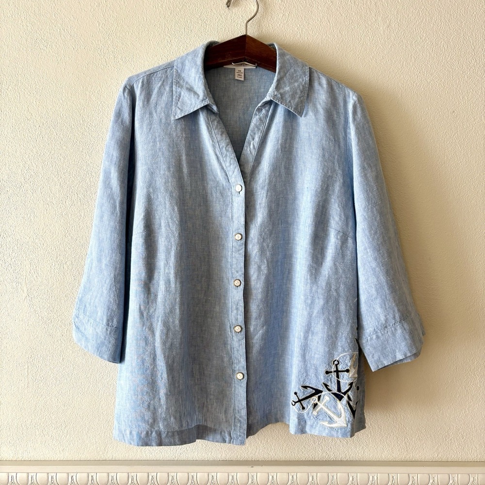 JM Collection 100%‎ Linen Top Embroidered Anchors Button Down Women's 16W Blue